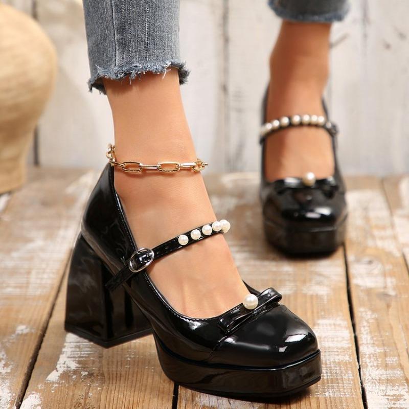 2026 Fashion High-heeled sandals Block Heel Single Shoes Fashion Round Toe Shallow Mouth Pearl One Line Bow Platform Pump