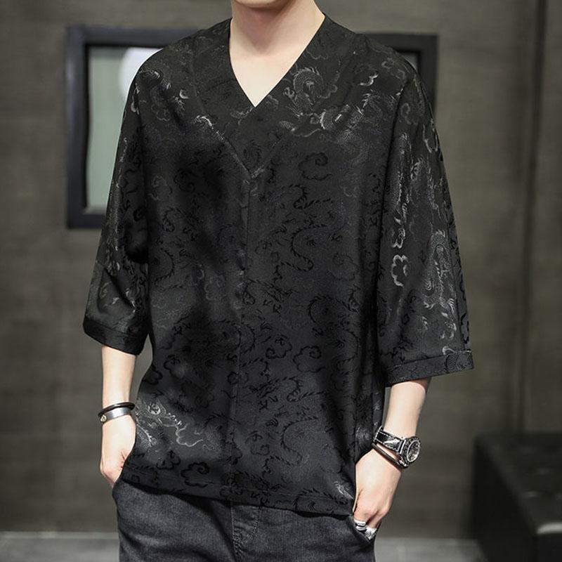 

Мужская футболка с короткими рукавами, летняя мужская футболка большого размера с v-образным вырезом из ледяного шелка, с рукавом три четверти, мужская свободная футболка с половиной рукава M