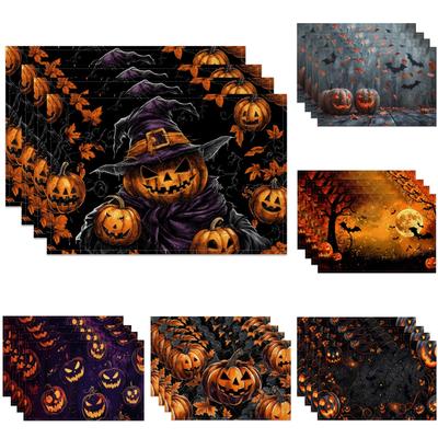 Halloween Placemats Dining Table Spooky Pumpkin Bat Moon Themed Table Mats Party Decor Trick or Treat Dinner Durable Washable