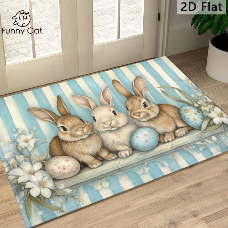 Easter Bunny Egg-Print Doormat Non-Slip, Stain-Resistant Entrance Hallway Mat Indoor/Outdoor Patio Rug Home Decor