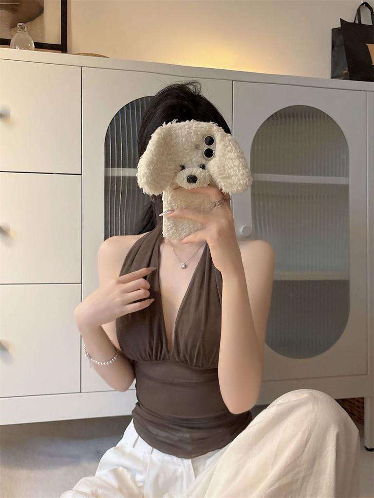 With chest pads, sexy mesh neck sling vest for women's summer spice V-neck pleated waist top