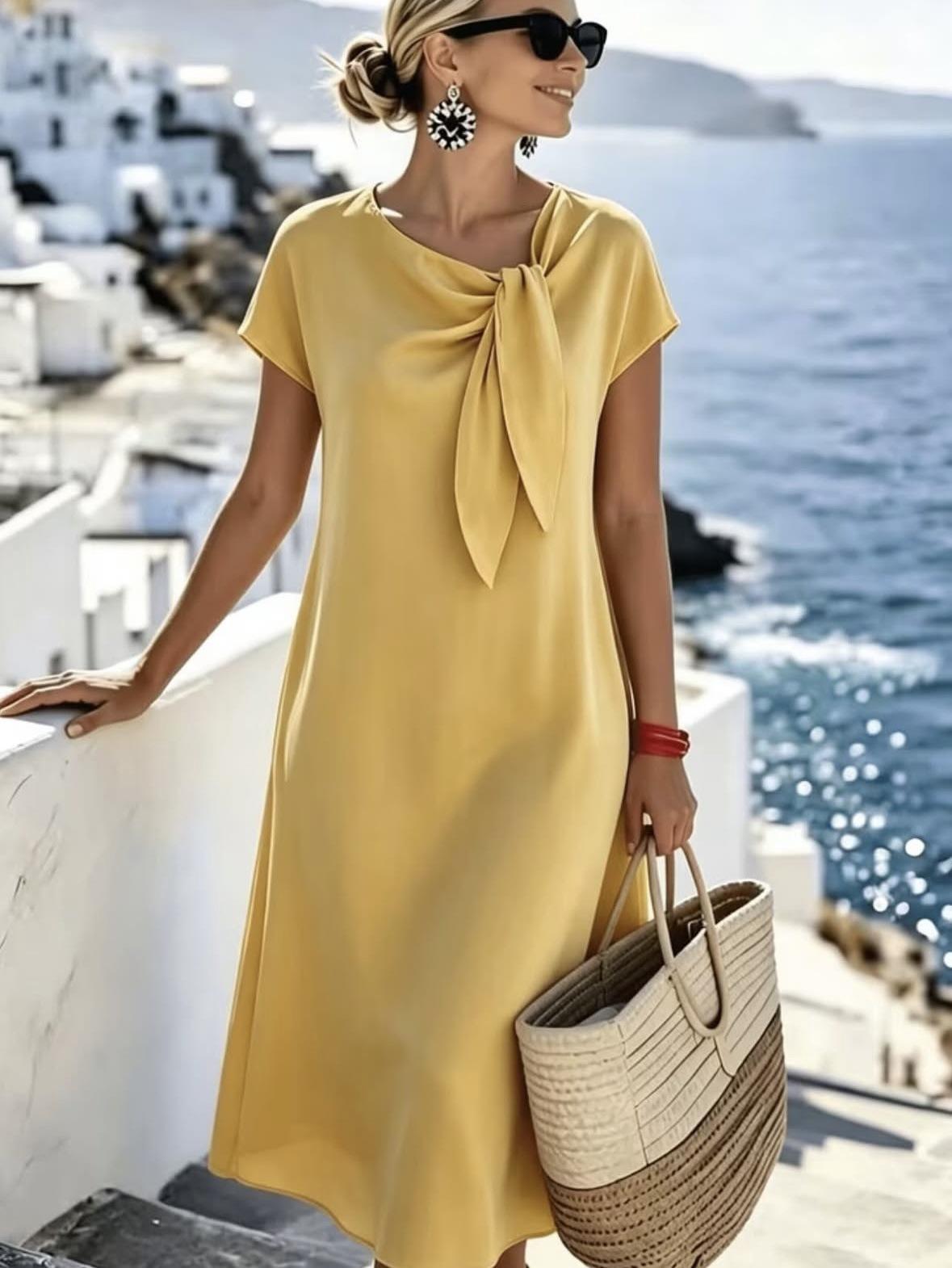 2026 European and American cross-border temperament elegant casual solid color waist thin French holiday style women s dress S жёлтый