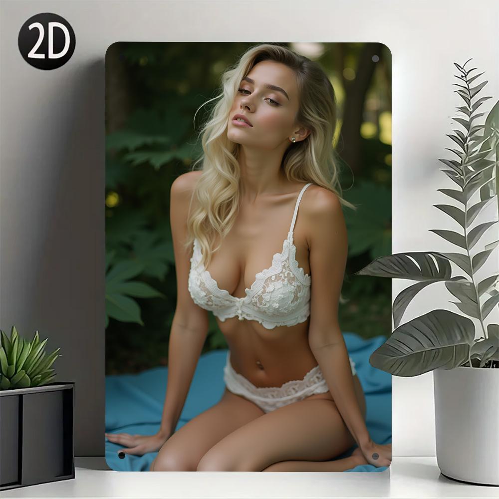 1 Винтажная Сексуальная Красота Металлическая Вывеска Элегантная Блондинка в Белом Кружевном Белье Ретро Железное Настенное Искусство для Дома Кафе Бара Гостиной Din 20x30cm（7.8x11.8inch）