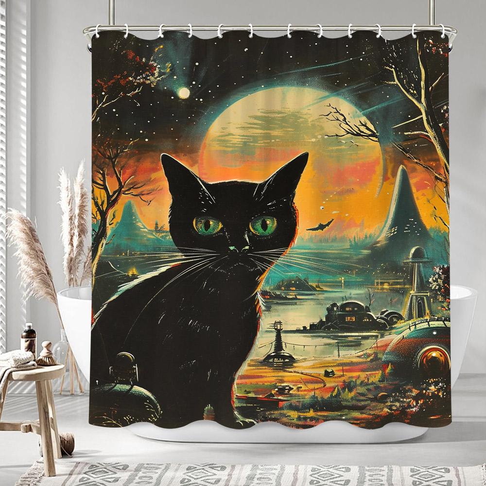 

Black Cat Oil Painting Artwork Shower Curtain Bohemian Sand Colourful Painting Polyester Bath Curtains Bathroom Decor with Hooks 90x180cm