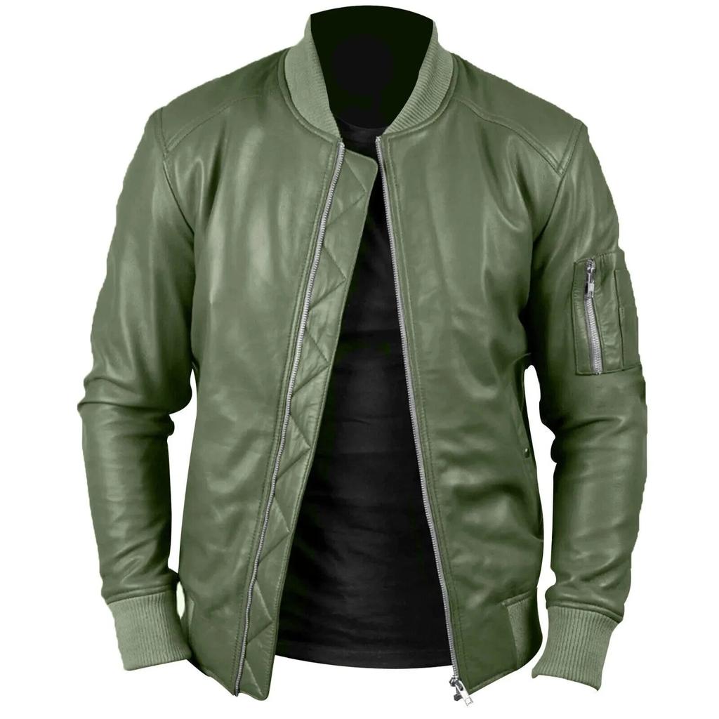 Genuine Leather Olive Green Men's Jacket Soft Lambskin Bomber Biker Casual Wear