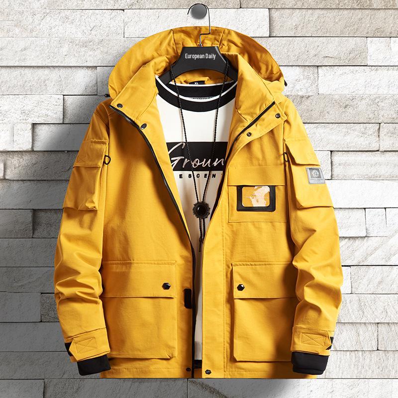 Youth Yellow Japanese Cotton Windbreaker with Flap Pockets - Spring & Autumn Loose Fit Jacket