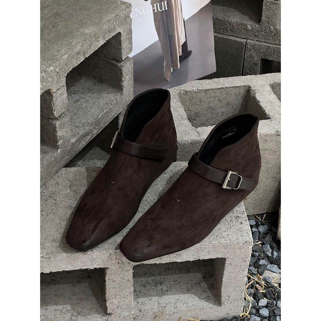 Inner height increase cm pointed short boots women's autumn new suede belt buckle fashion thick sole and ankle boots women