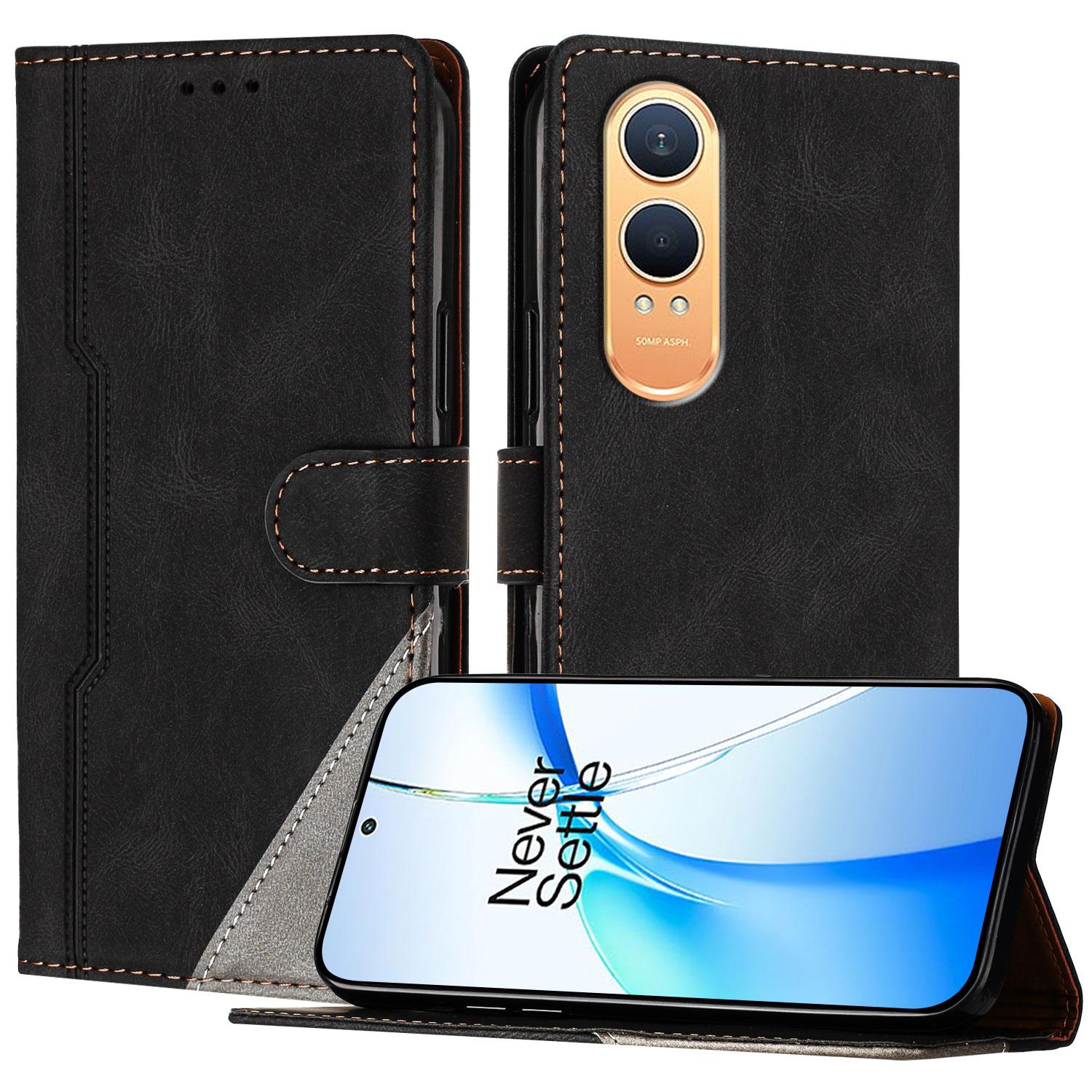 

For OnePlus Nord CE4 Lite 5G Leather Case Triangle Patchwork Wallet Stand Shockproof Phone Cover Black