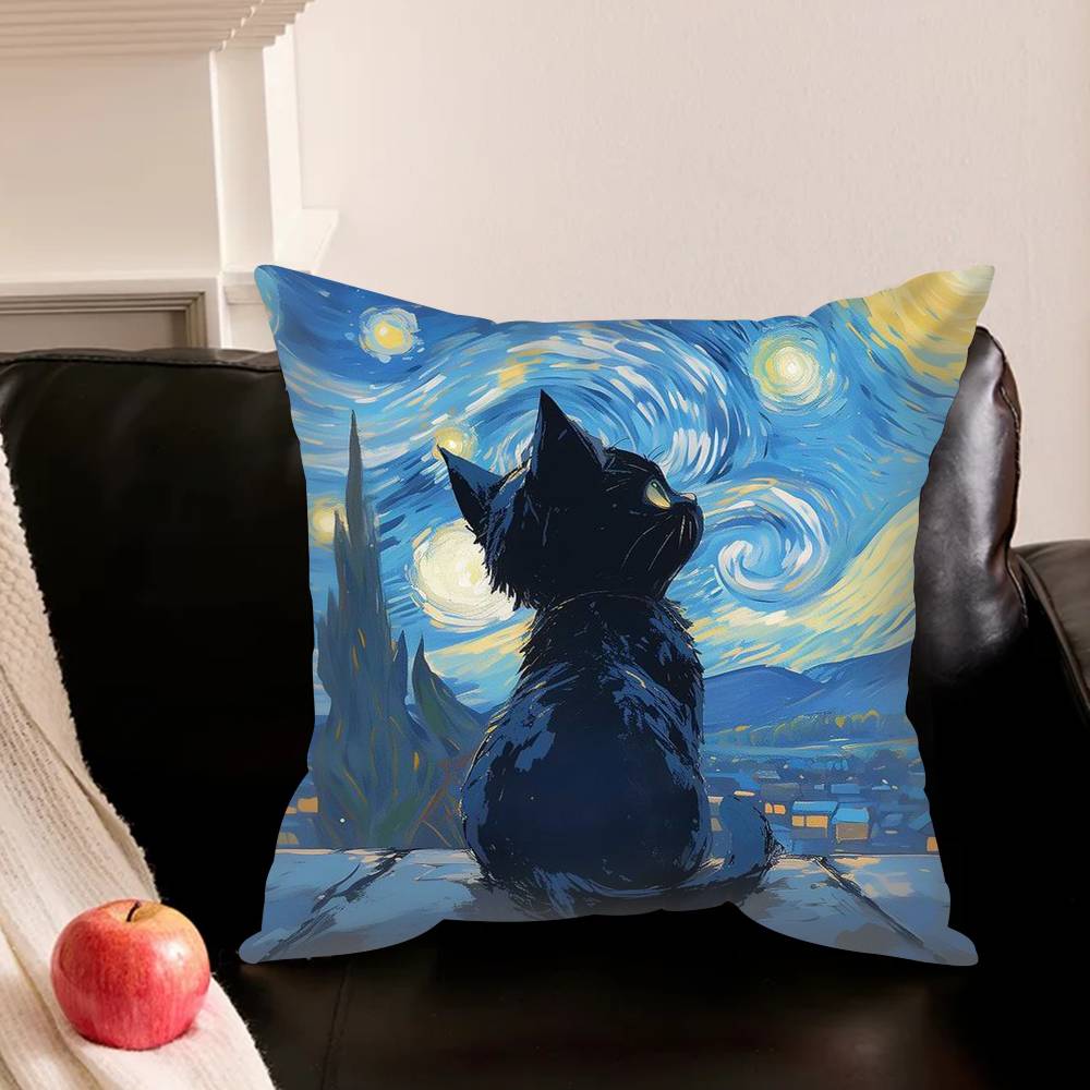Cute Cat V-Van G-Gogh Starry Sky Various Sizes Square Pillowcase For Car Home Bedchamber Decor