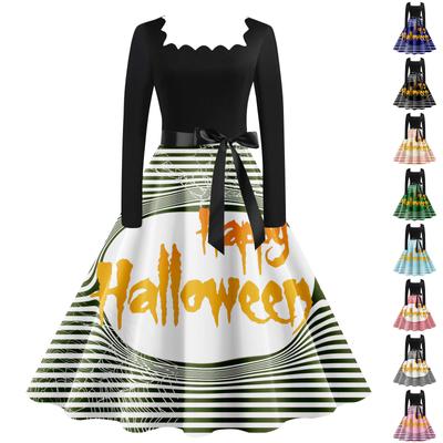 Women's Vintage Classic Dress Neck Waist Bow Tie Long Sleeves Halloween Print Square Neck Swing Dress