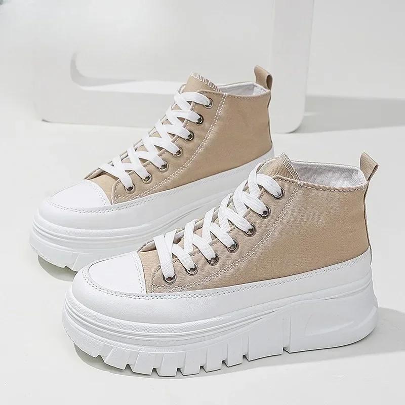Sapatos femininos casuais de cano alto, cor sólida, versáteis, de lona, cano alto, com cadarço, confortáveis e respiráveis