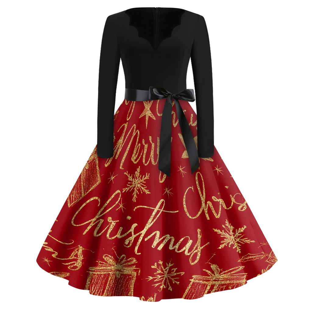 Women's Retro V-Neck Christmas Dress with Snowflake and Christmas Tree Print, Vintage A-Line Dress for Holiday Party