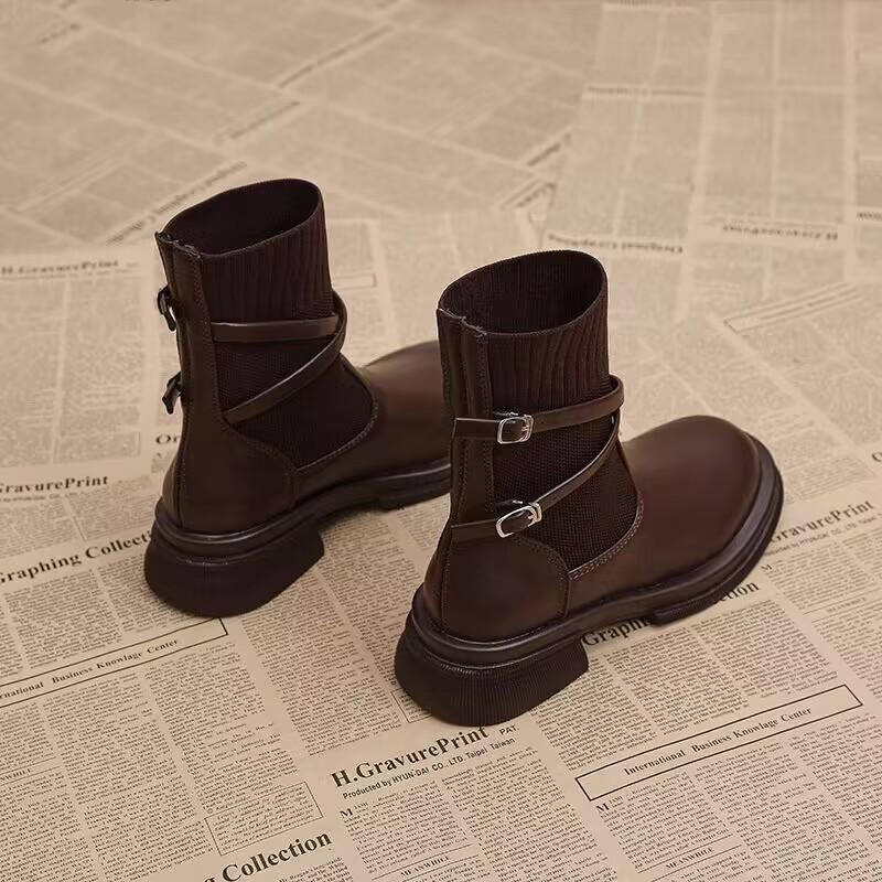 fashion autumn women's boots round toe low heel shoes for women slip-on platform modern boots outdoor office lady mid-calf sock boots