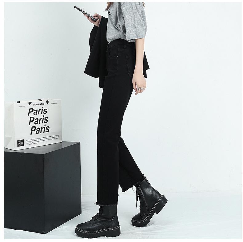 2025 Winter High-Waisted Black Frayed Straight Jeans: Velvet Lined, Loose Stretch Fit for Women