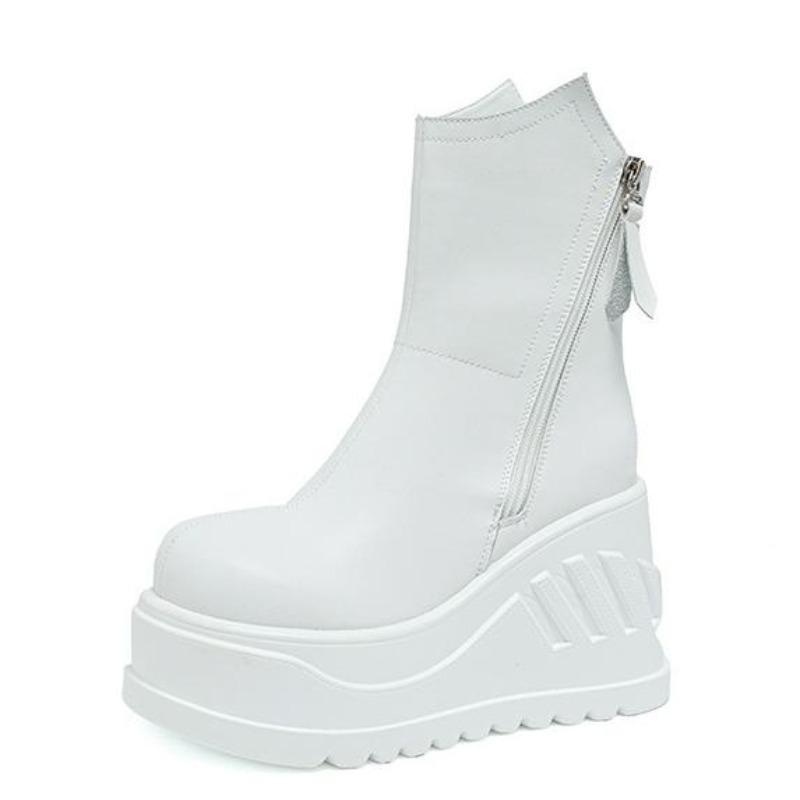 Mode 10CM Damen Plateau Stiefel Mode Weiches Leder Stiefel Outdoor Lässige Kurze Stiefel Plüsch Warme Winterstiefel für Damen Reißverschluss Stiefelette