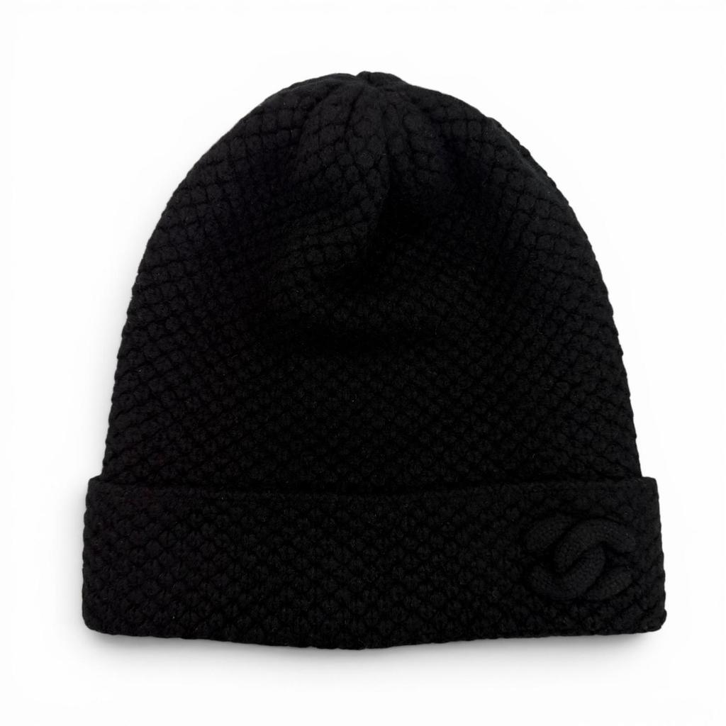 Great CHANEL Knit cap COCO Mark embroidered beanie knit hat black cashmere 15B Used