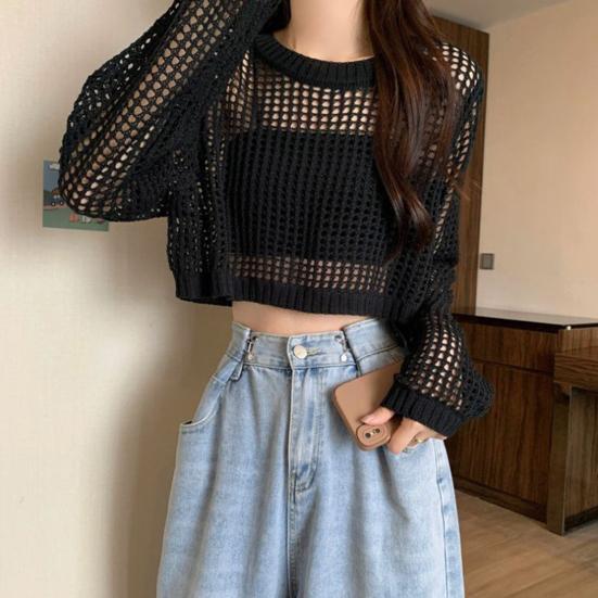 Damen Oberteile Unifarben Lockerer Schnitt Hohlmuster Pullover Oberteile Reine Farbe Sommer Dünne Oberteile Sonnenschutz Kurzes Überwurf-Oberteil