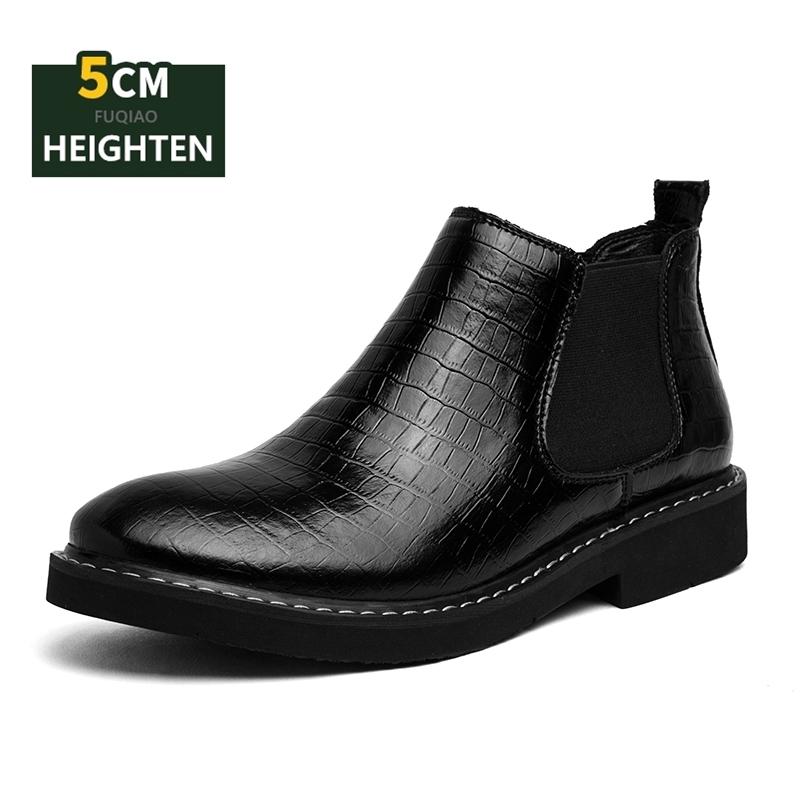 

Men Plus Size 48 Genuine Leather Snake Print Elevator Chelsea Boots Mid-Calf Pointed Toe Ankle Boots 5CM Height Increasing Boots 38 чёрный