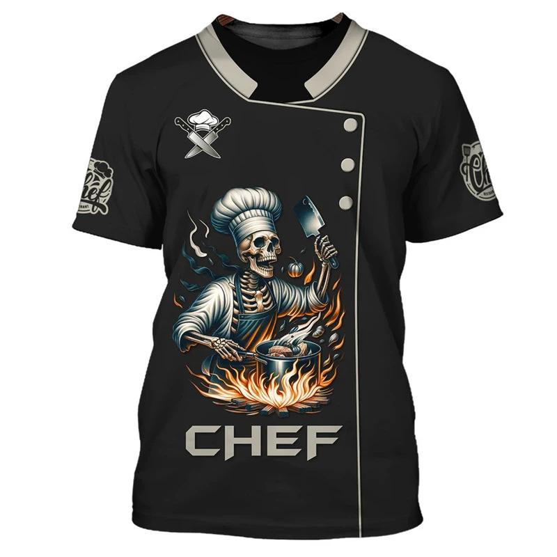 Chef Workwear 3D Printed Cooking Graphic T Shirts Chef Uniform Short Sleeved Harajuku Chef Fashionable Round Neck Top for Men