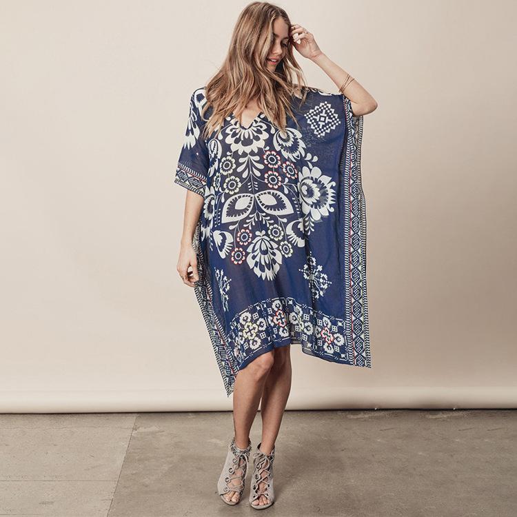 

Летнее женское синее пляжное накидка с принтом, свободная антипраздничная рубашка от солнца, накидки на бикини One Size синий