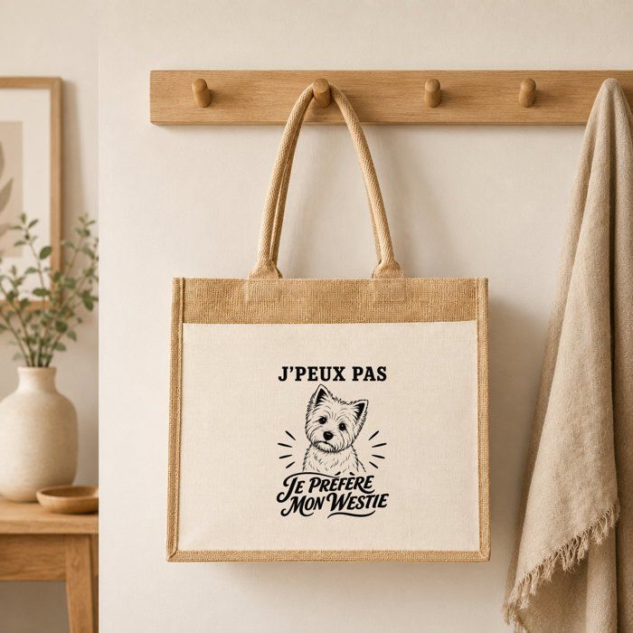 Sac Cabas - PLANETEE - J'peux pas je préfère mon Westie - Toile de jute et coton - 43×33×21 cm (21 L) - Illustration trait noir