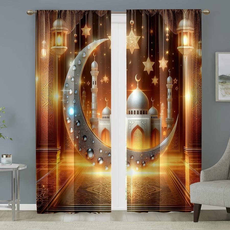 2pcs Glimmering Mosque & Crescent Curtains, Ideal for Ramadan/Eid Window Decor, Lavish Home Living Room Bedroom Decor
