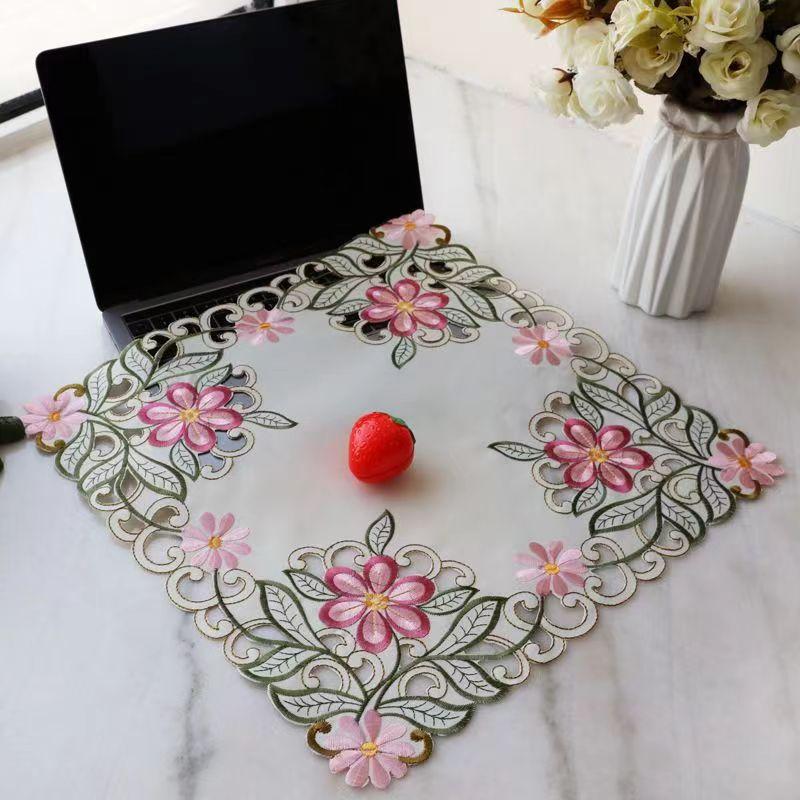 

NEW satin rose flower Embroidery table cloth cover party wedding tablecloth kitchen Christmas Table Furniture decoration and accessories for Home square 40cm