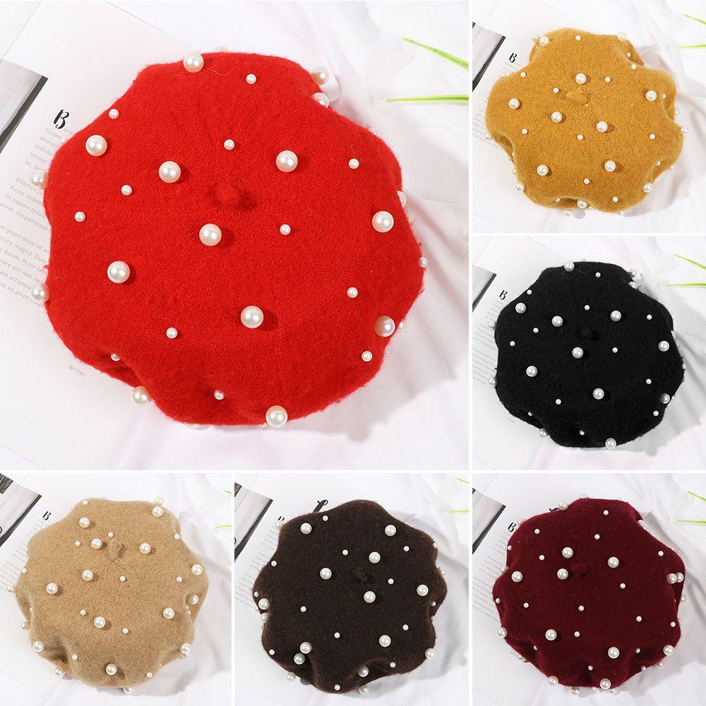 Autumn Winter Elegant Casual Warm Pearl Wool Beret Hat French Cap Painter Hats