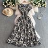 French light and mature style temperament printed V-neck dress women's new elastic pleated waist thin ruffle edge dress