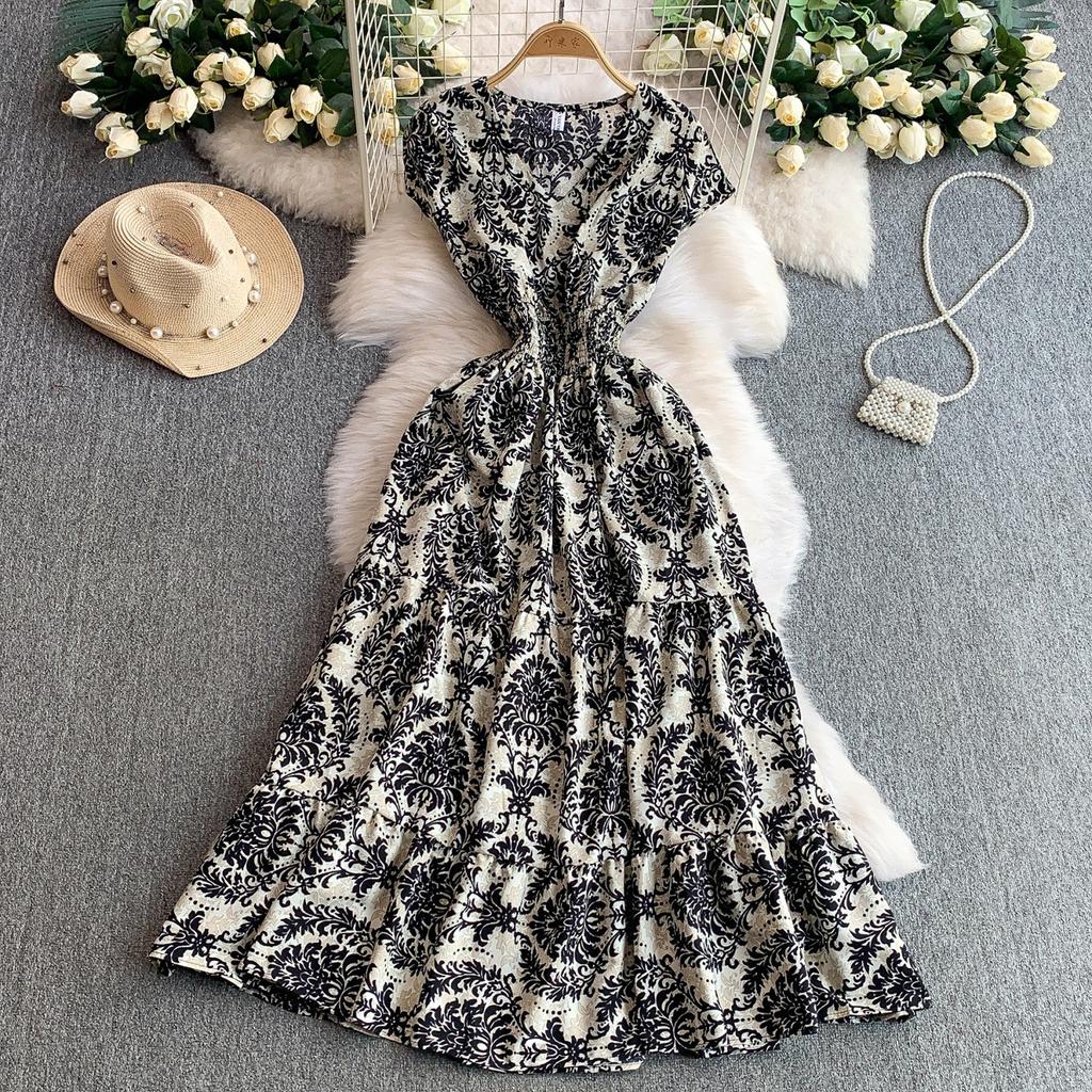 French light and mature style temperament printed V-neck dress women's new elastic pleated waist thin ruffle edge dress