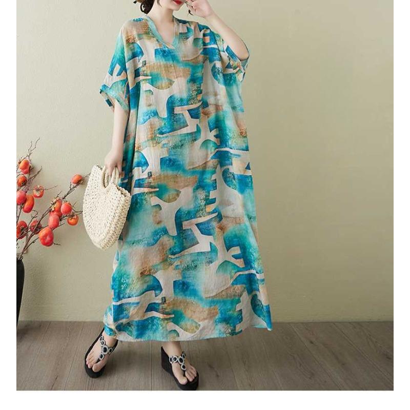 Women's Vintage Long Dress with Cotton and Linen Patterns