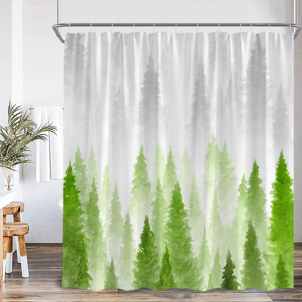 Misty Forest Shower Curtain Foggy Woodland Cloud Pine Tree Nature Nordic Bathroom Decor Modern Minimalist Bath Curtain with Hook