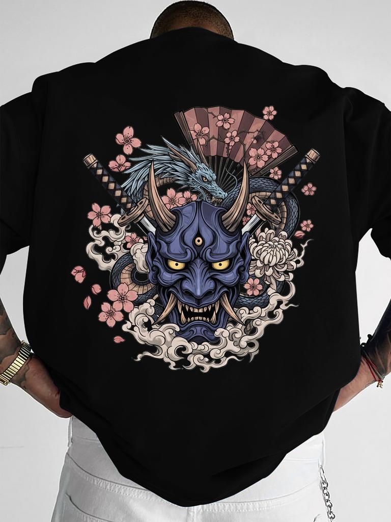 Men's American Retro Japanese Hannya Dragon Printed T-Shirt, Loose Crew Neck Street Casual Top
