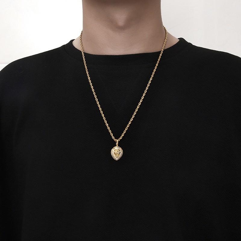 Solid Lion Head Pendant Necklace With Zircon Stones Hip Hop Unisex Jewelry Gold White