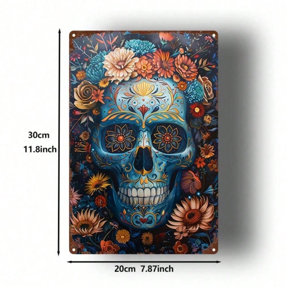 1pc 2D Mexican Skull Iron Wall Art, 8x12in Durable Metal Plaque, Floral Decor, Vintage Goth Home Room Sign
