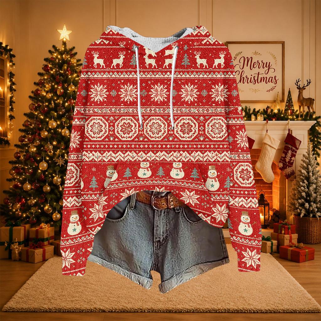 Women's Casual Long Sleeve Hooded Knit Sweatshirt with Christmas Print Pullover Top