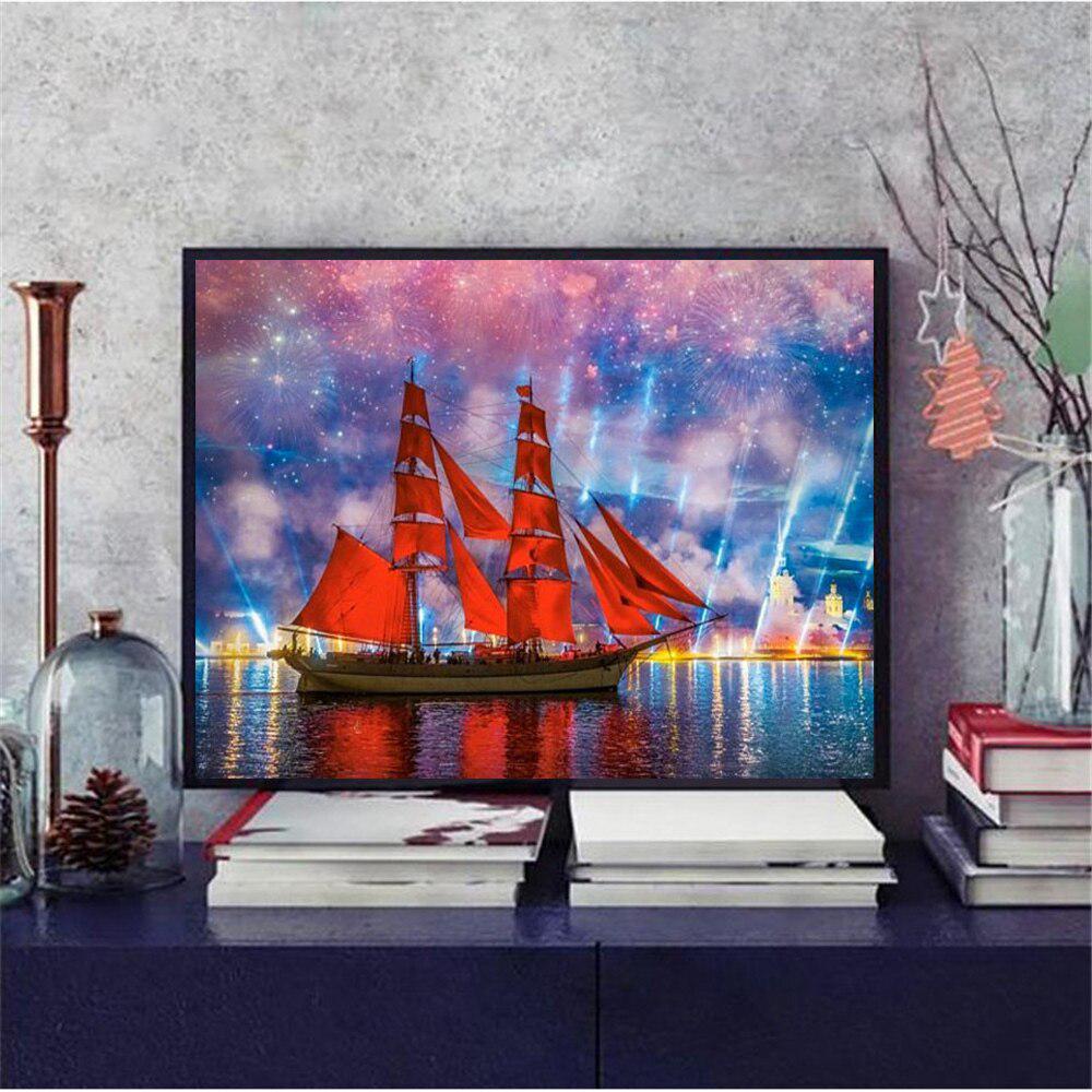 Pictura cu diamante 5D cu barca cu pânze cu punct de cruce, broderie cu diamante, bricolaj, peisaj, artă cu stras, focuri de artificii, decor acasă