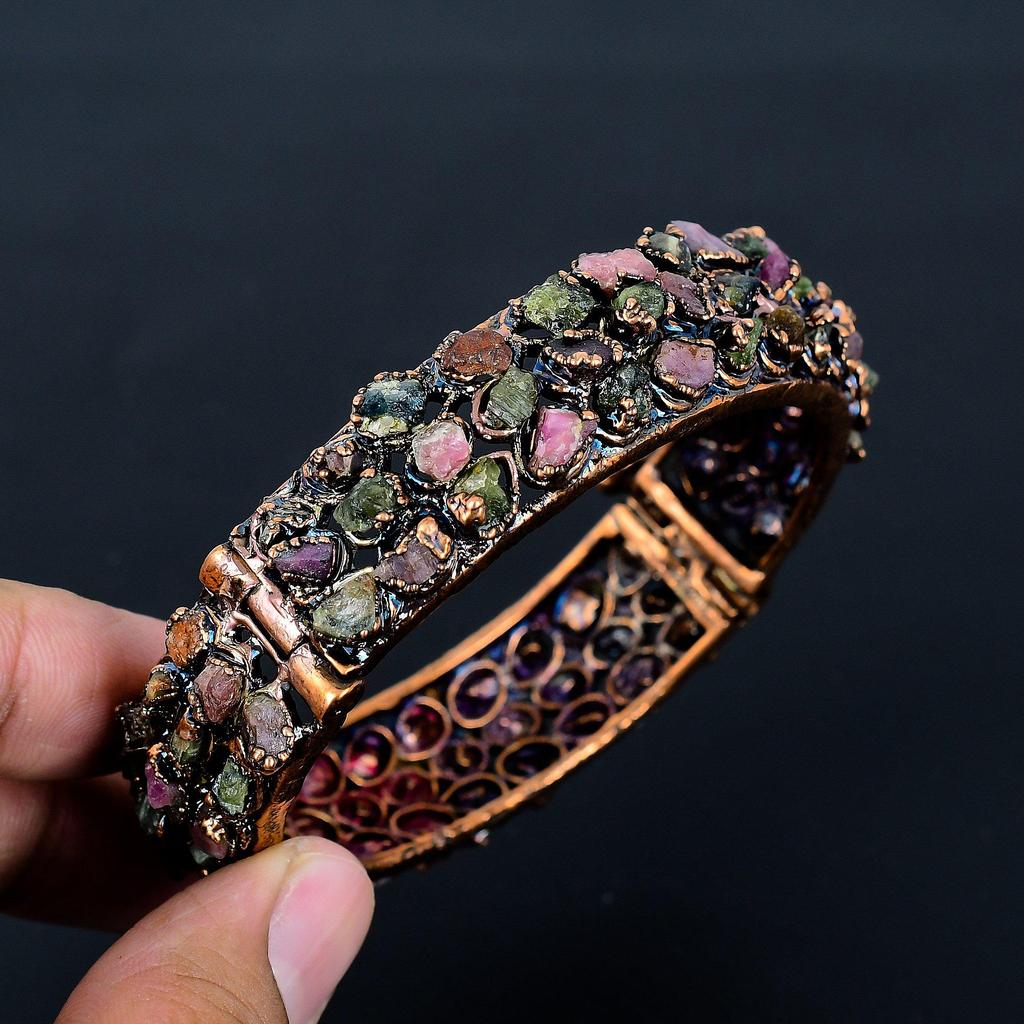 Multi-Tourmaline Cuff Bracelet Real Gemstone Bangle, Copper Electroformed Bracelet Handmade Jewelry, Adjustable Bangle For Gift Women Jewelry