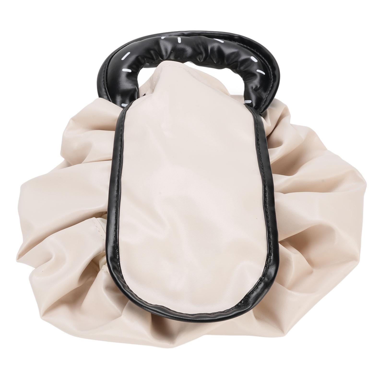 

Drawstring Cosmetic Bag Water Proof PU Open Flat Makeup Organizer Toiletry Bag for Travel Beige