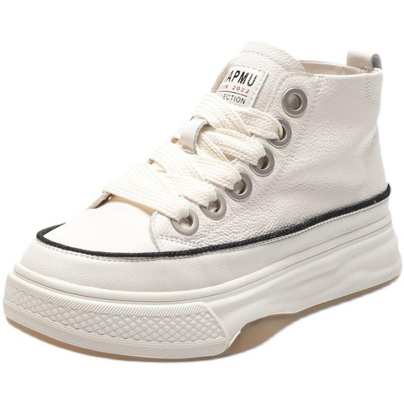 First-layer Cowhide Little White Shoes Women's Board Shoes New White Muffin Thick-soled High-top Casual Women's Shoes