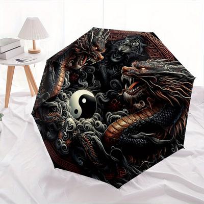 1pc Yin and Yang Dragons Pattern Automatic 3-Fold Umbrella, 8 Iron Frames, High-Value Folding Umbrella, Suitable for Office, Travel and Outdoor Advent