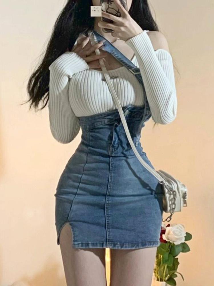 

Синий винтажный вязаный комплект из двух предметов, женский сексуальный джинсовый вечерний комплект с мини-юбкой, женский комплект, осень 2023 г. S белый