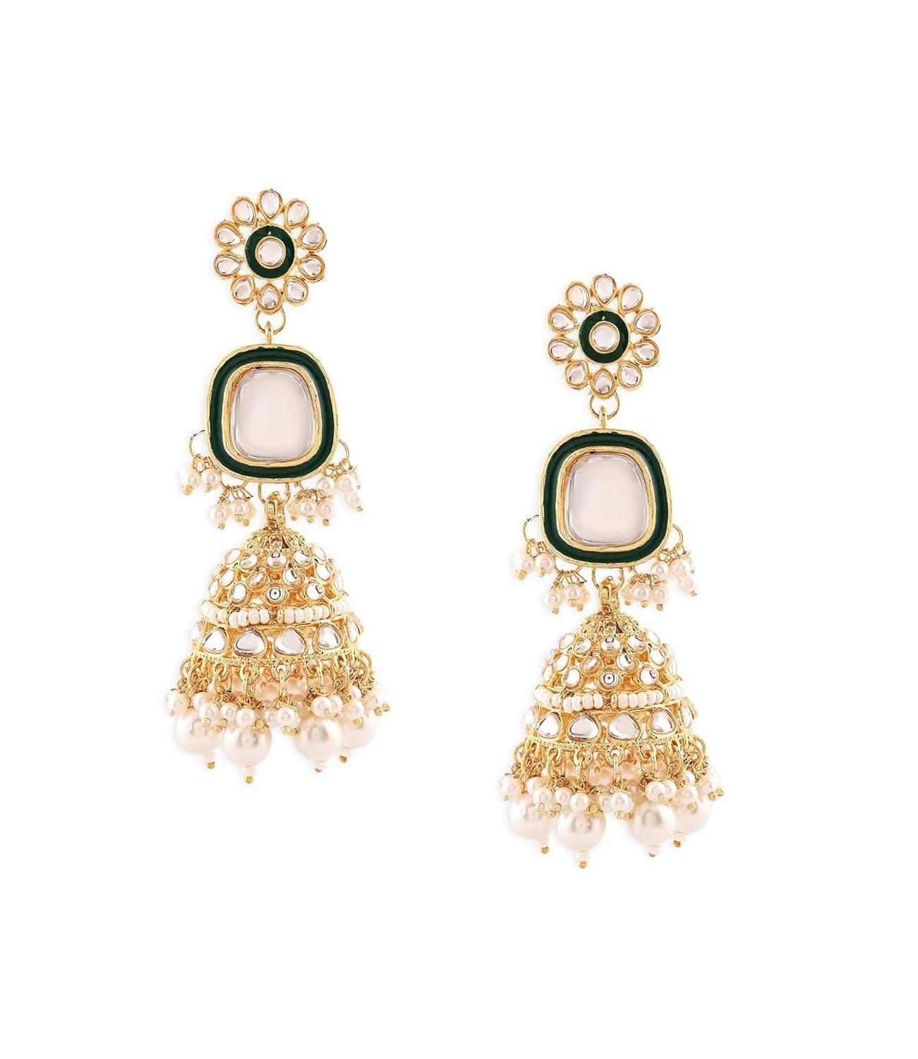 

Gold Tone Beaded Kundan Ethnic Jhumkas Earring For Women Onesize