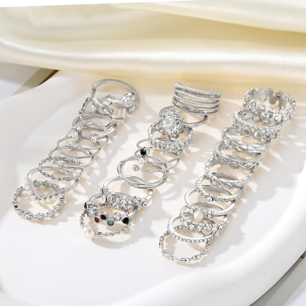 28 Pieces Silver Elegant Vintage Ring Set Open Pearl Bohemian Noble Woman Sexy Hollow Out Rings Birthday Dinner Leaf Ring Set Gift