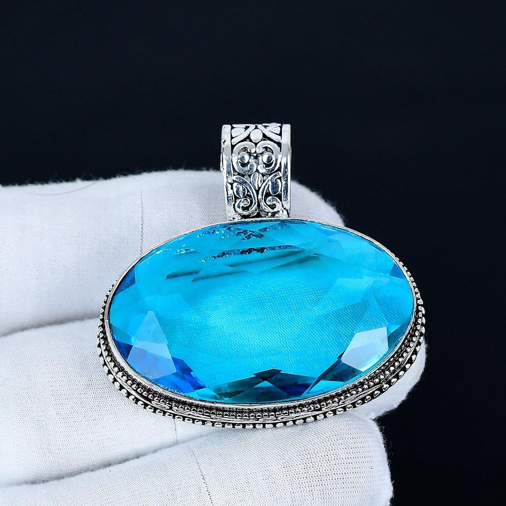 Blue Topaz Pendant, 925 Sterling Silver Handmade Jewelry, Blue Topaz Silver Pendant, Party Wear Jewelry For Women's, Pendant Valentine's Day Gift