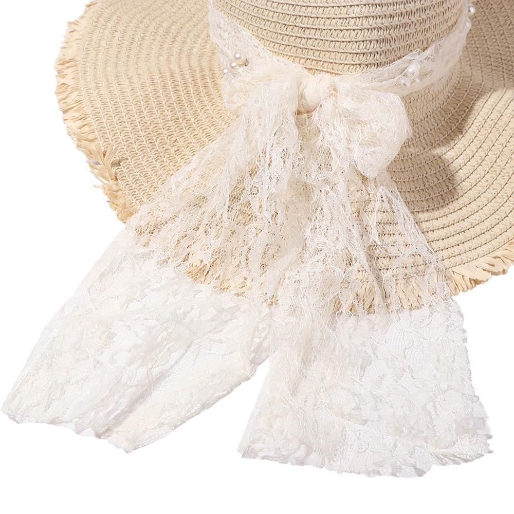 Spring Summer Lace Pearls Straw Hat French Style Women's Sun Hat Bow Ribbon Straw Hat Girls