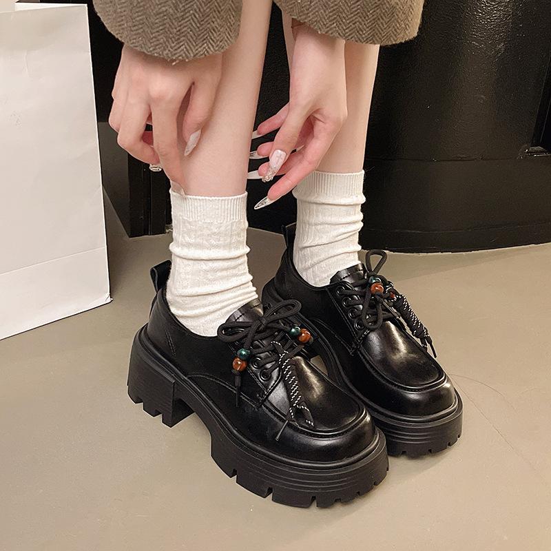 Large Size British Style Small Leather Shoes Women's Autumn 2025 New Versatile Thick Sole Heightening Lace-up Single Shoes Retro Loafer