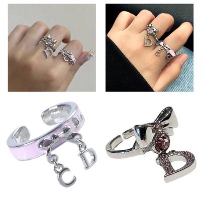 Pink Crystal Bowknot Open Rings for Women Girls Sweet Cool Finger Rings Zircon Adjustable Rings Party Fashion Jewelry