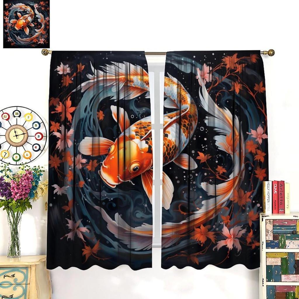 Japanese Wave Curtain Fantasy Anime Koi Fish Black Background Oriental Japanese Sea Wave Flower Art Pole Pocket Blackout Curtain