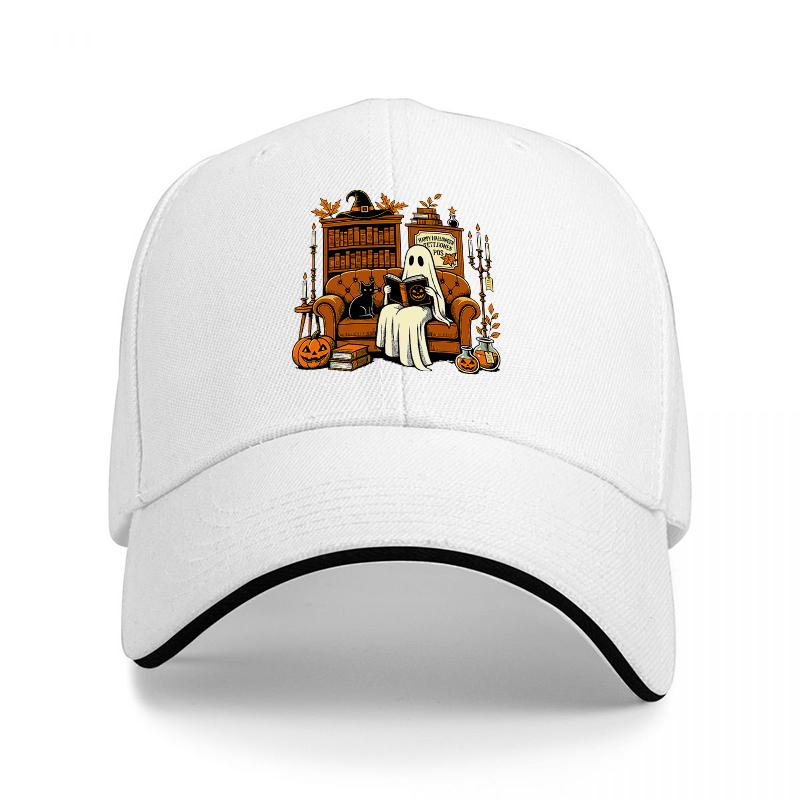 Halloween Ghost Reading Bookshelf Scene Baseball Cap Spooky Library Design Black Adjustable Hat for Adults